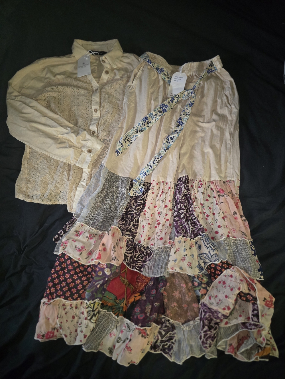 YOUNG THREADS Set Boho Patchwork Wide Leg SET Top And Bottoms in Beige and Multi